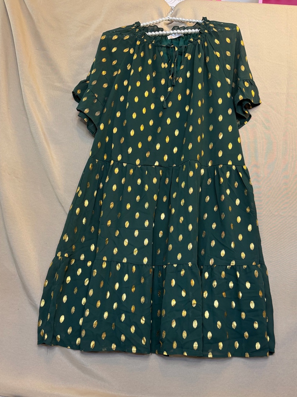 Women’s Green Tiered Dress with Gold Dot Print